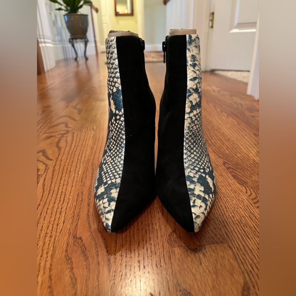 Something Navy snakeskin/black suede booties